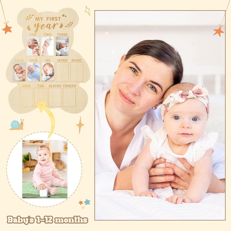 FLhdM My First Year Photo Frame Board, 1st Birthday Girl Boy Gifts, Newborn Newmom Gift, 1 Year Old Girls Gifts, One Year Birthday Party Decorations, Baby Shower Baptism Favors, 12 Months Milestone - Image 3